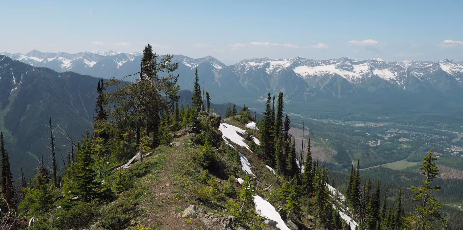 Mountainous landscape with patchy snow, trees, and a valley below.