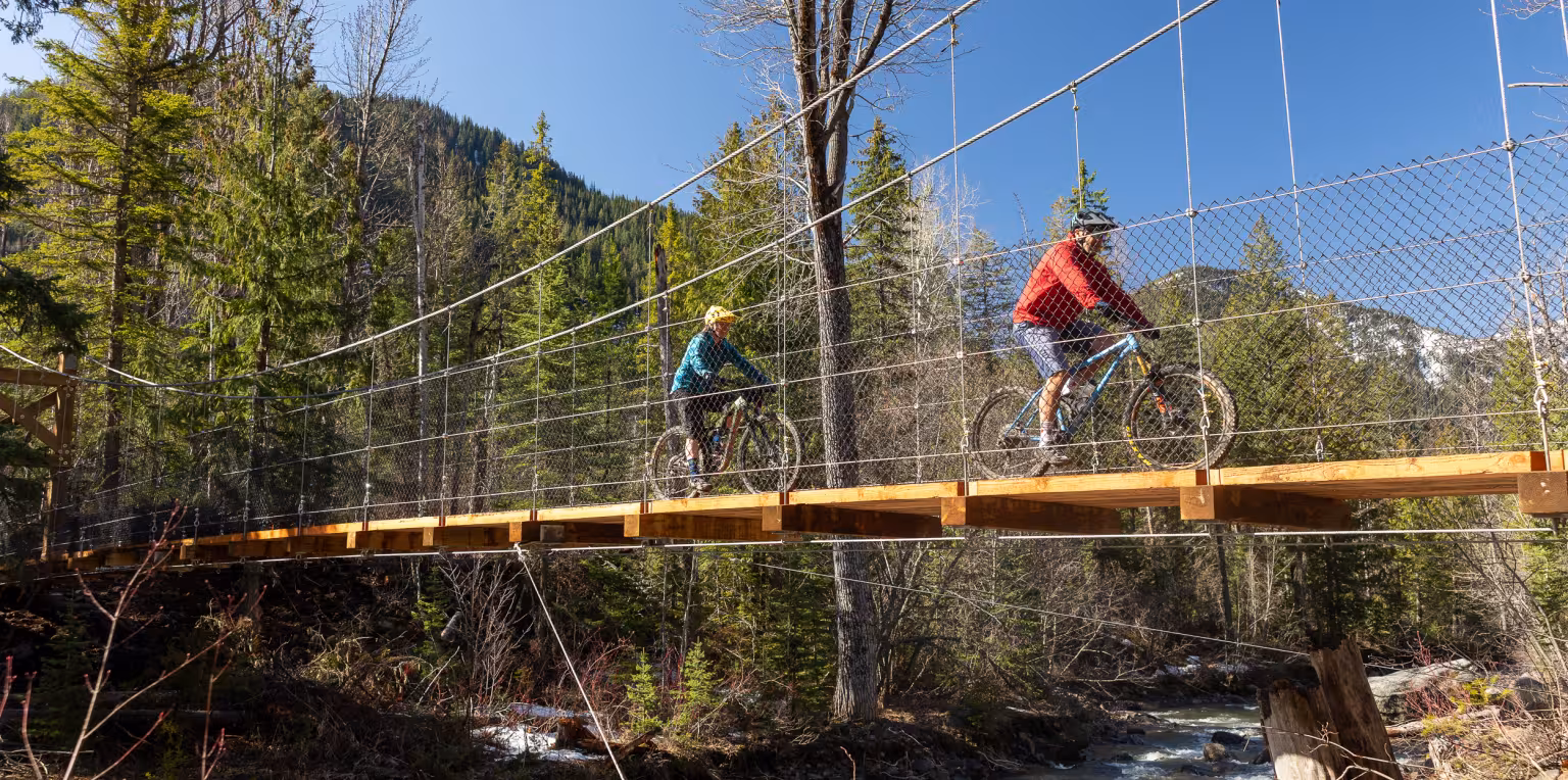 Two cyclists on a suspension bridge over a river, surrounded by trees and mountains.