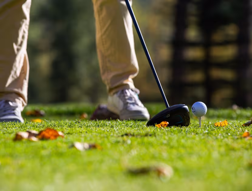 Person's legs and golf club about to hit a golf ball on a grassy field with fallen leaves.