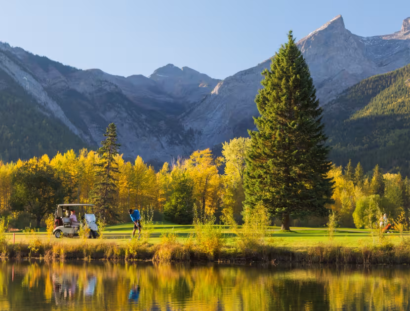 Fernie golf course with a small lake, yellow and green trees, a large evergreen tree, and mountains in the background.