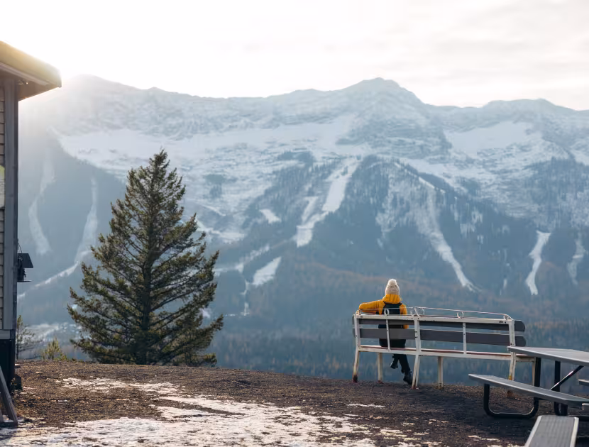 Person in yellow hoodie sitting on railing overlooking snow-capped mountains.
