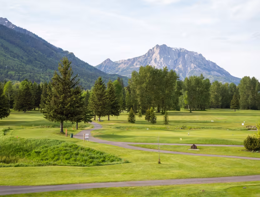 Golf course with trees, winding path, and mountains in background.