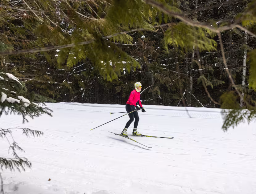 Person cross-country skiing on snow covered trail wearing red jacket and black pants.
