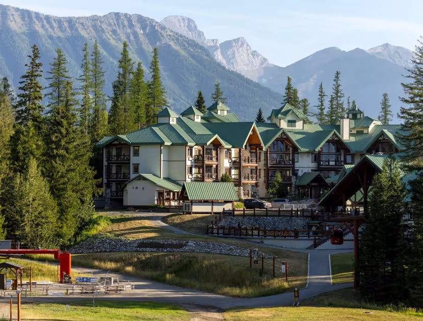 Large mountain lodge with green roof, surrounded by trees and mountains.