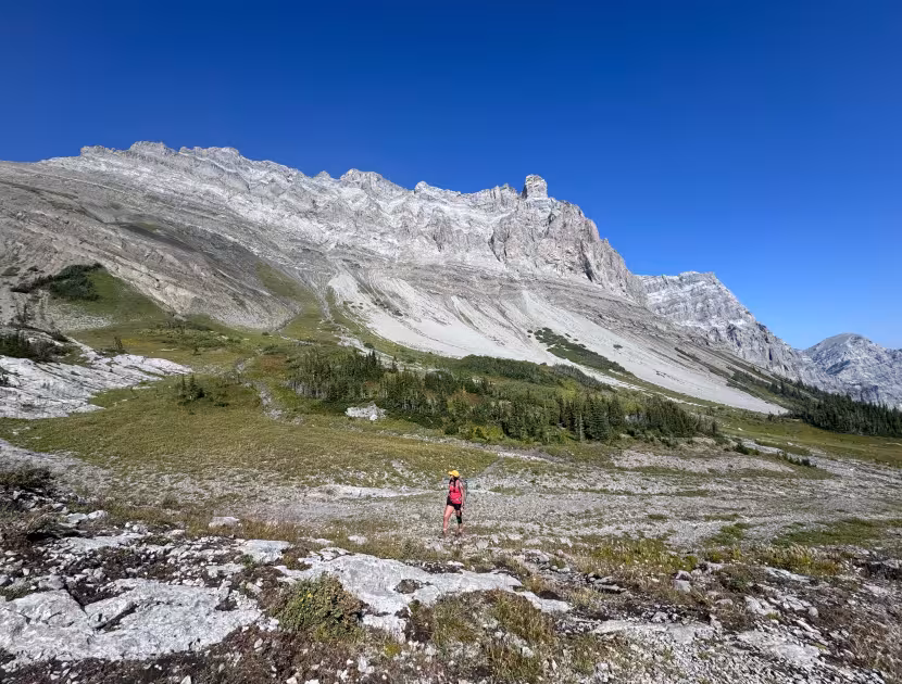 Hiker in hot pink walking on rocky alpine terrain with large mountain in background.