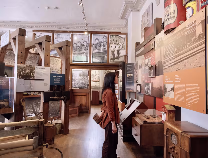 Woman in museum looking at exhibits on walls and in display cases.