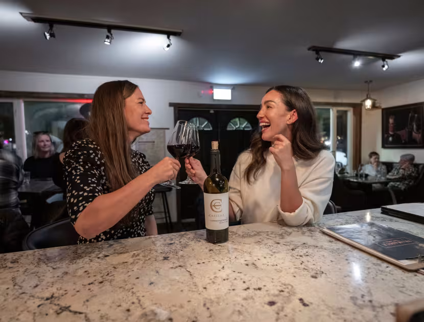 Two women sitting at a bar, laughing and chatting as one holds a wine glass.
