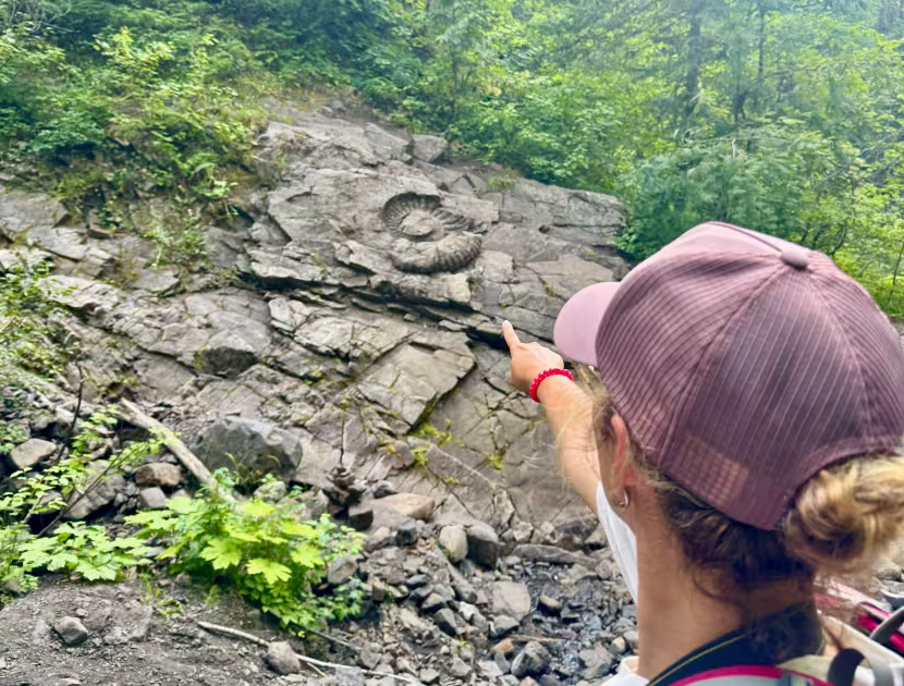 Woman in mauve cap pointing to ancient ammonite on rocky cliffside, surrounded by greenery.