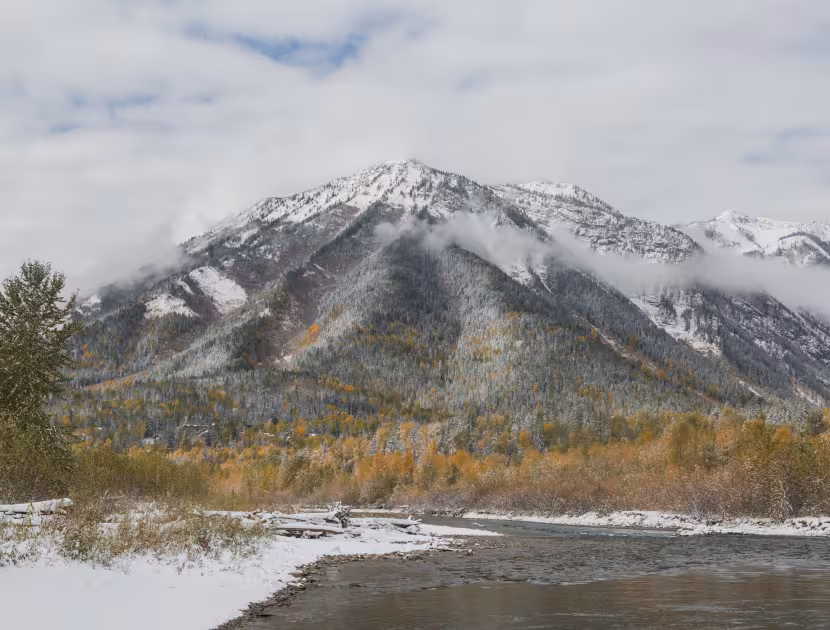 Snow-covered mountain above autumn trees and a winding river