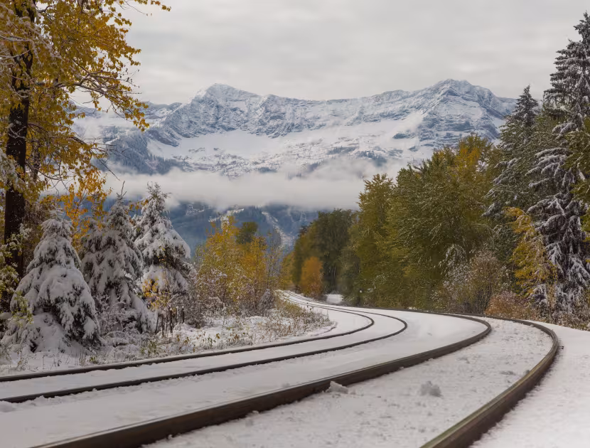 Snow-covered railway tracks curve through a forest toward snowy mountains.