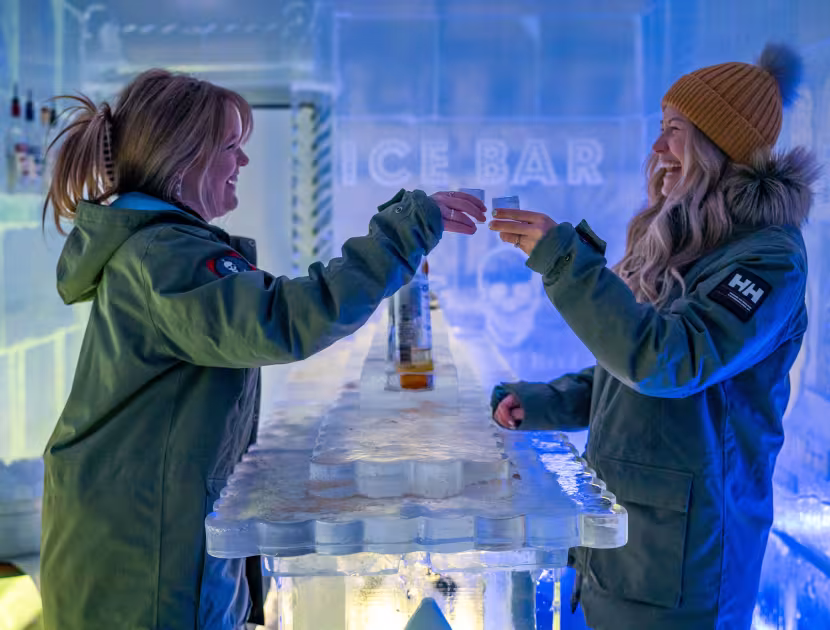 Two women in winter jackets toast with small glasses in an ice bar.