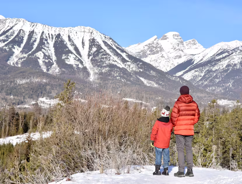 Adult and child in red jackets overlook snowy mountains.