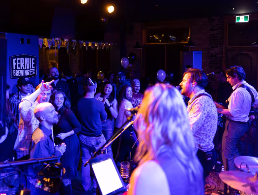 People dancing and singing along at a live music event in a dimly lit room.