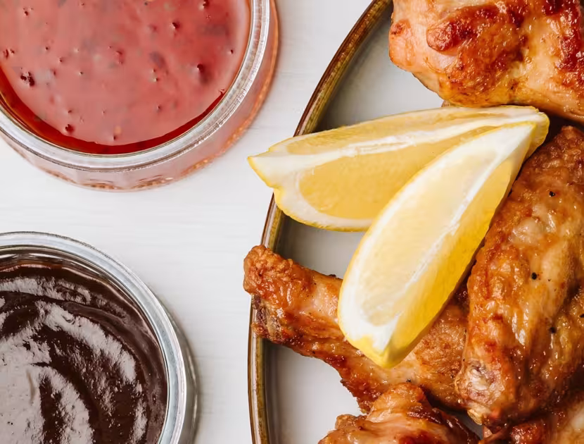 Roasted chicken wings on a plate with lemon wedges and dipping sauces.