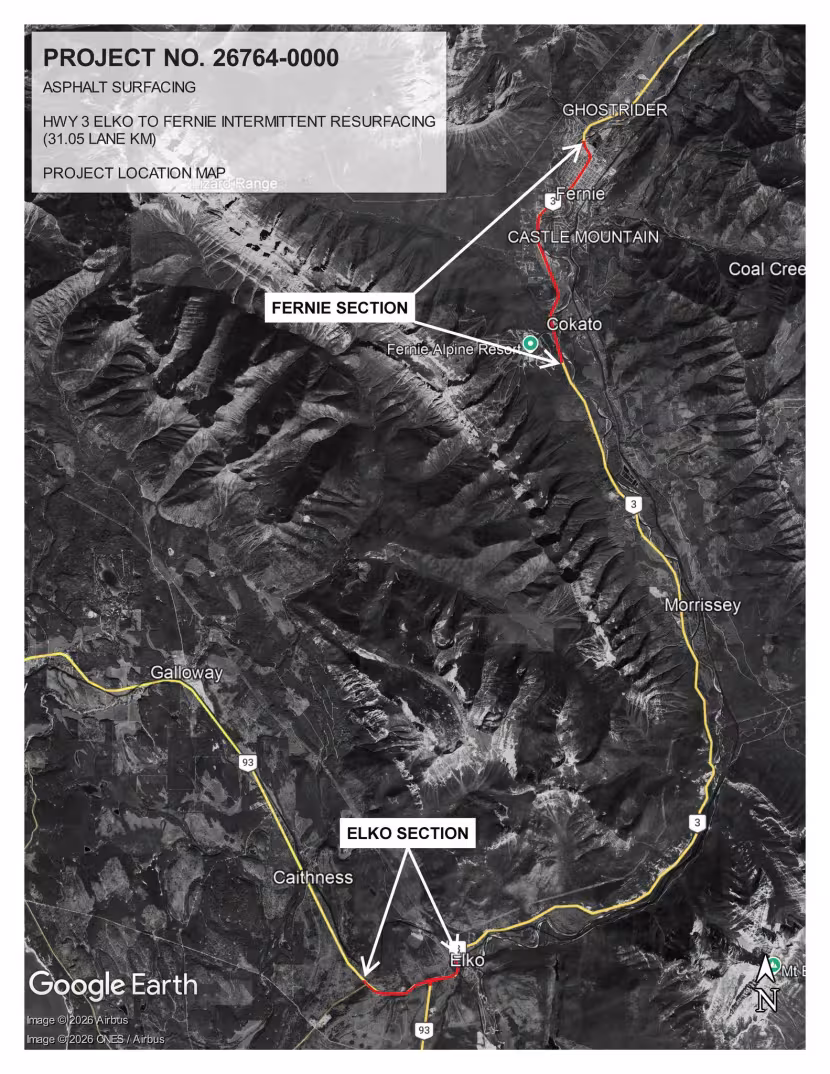 Black and white aerial map with yellow, red, and white lines, labels, and a gray text box in the top left.
