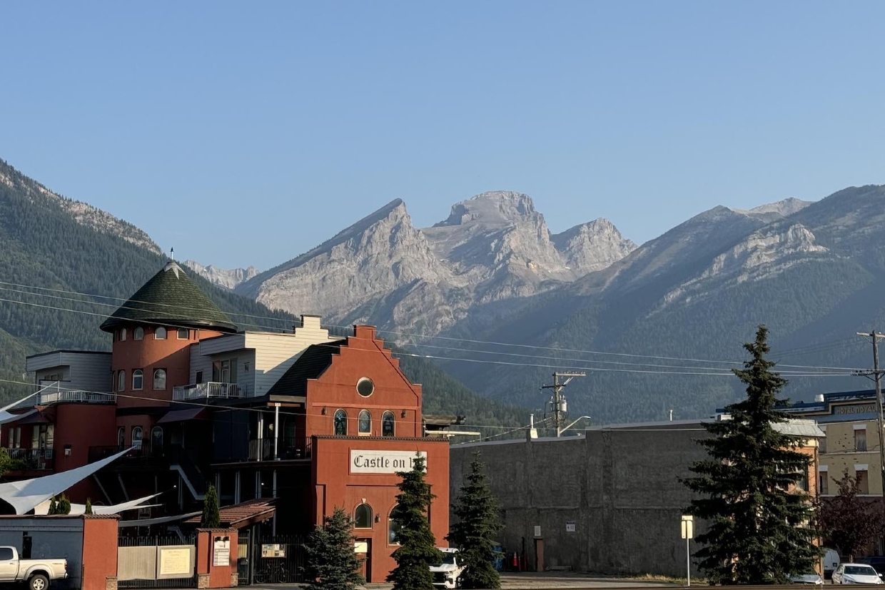 The Three Sisters from Historic Downtown Fernie. 8am, Thursday, August 15, 2024.