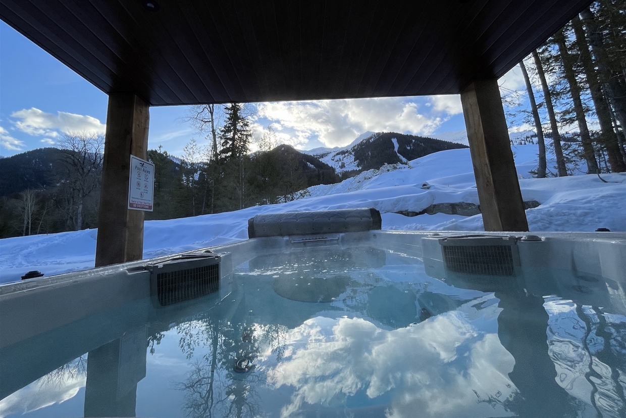 Relax in the the covered slopeside swim spa