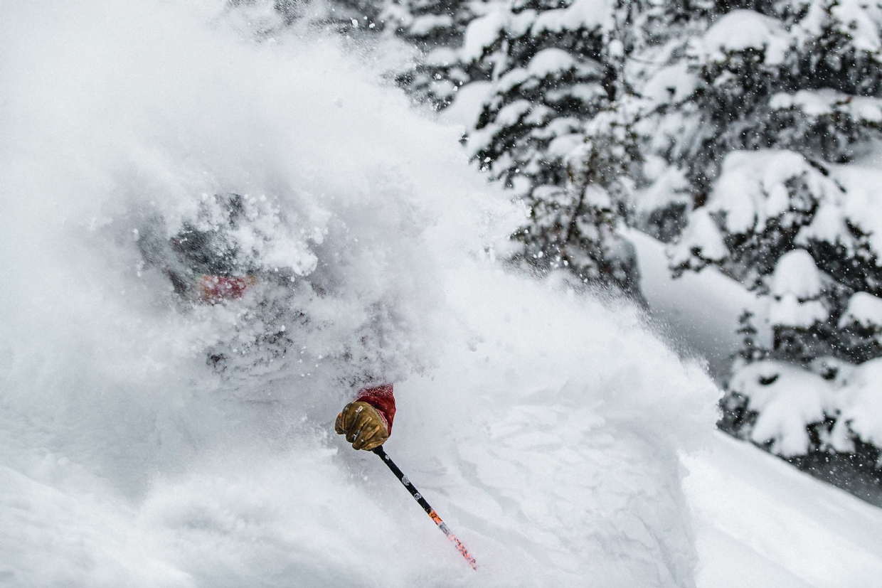 Powder turns and face shots with FWA Cat Skiing. Photo by Steve Reed